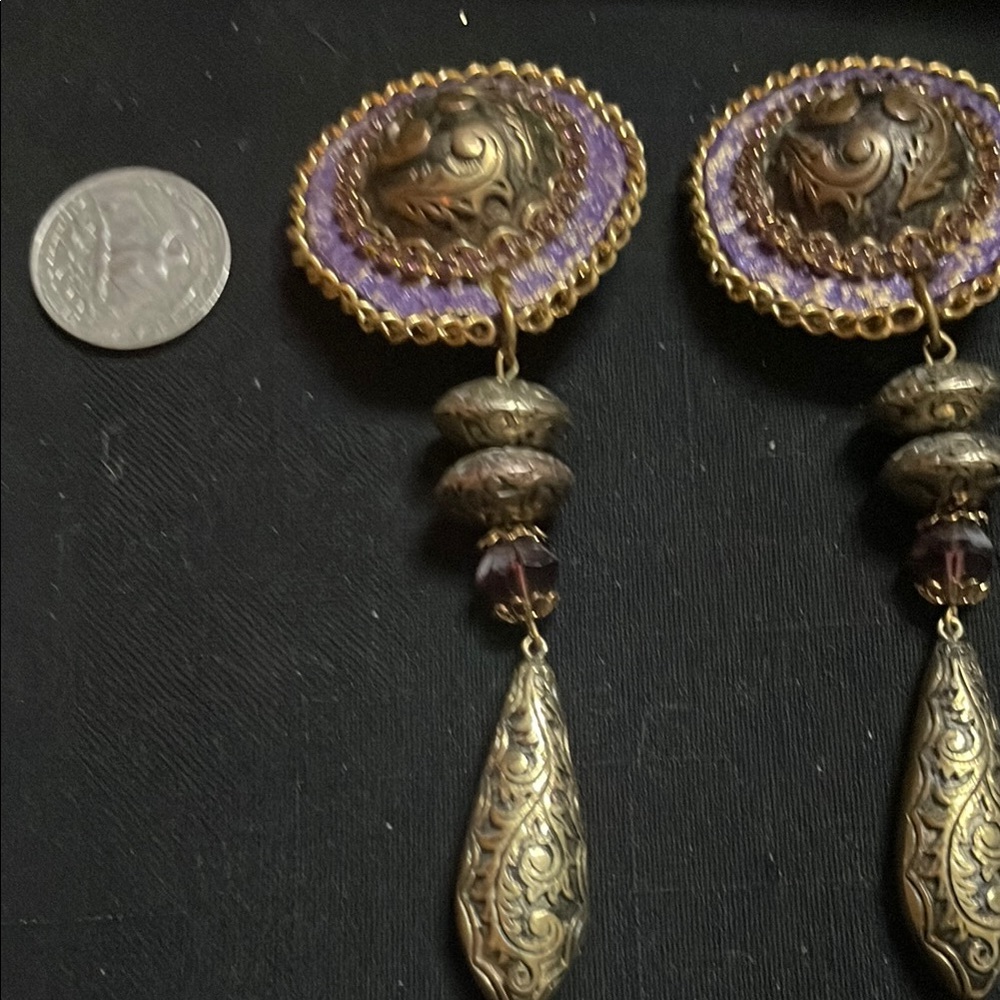 Gold and Purple Crystal Drop Earrings with Vintage Charm